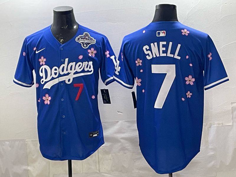Men Nike 2026 Los Angeles Dodgers #7 Snell Blue Sakura Edition Game MLB Jersey 008